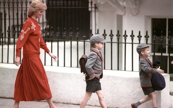 Princess Diana and her sons on Prince Harry's first day at Wetherby Preparatory School in September 1989 