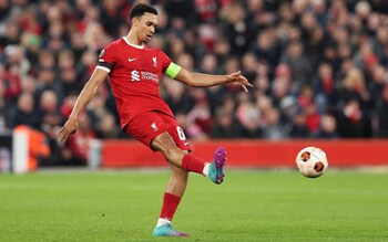 Trent Alexander-Arnold spins a pass with his right foot