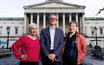 Alice Sullivan, John Armstrong and Lucinda Platt, the founding members of the London Universities' Council for Academic Freedom, outside UCL on Saturday