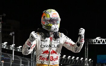Red Bull Racing's Dutch driver Max Verstappen celebrates winning the Las Vegas Formula One Grand Prix on November 18, 2023, in Las Vegas, Nevada