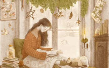 Illustration of woman reading beside window