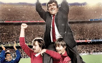 A 15-year-old Pep Guardiola (left) looks up in awe as Terry Venables is hoisted on the shoulders of his players after Barcelona's win over IFK Gothenburg in the 1986 European Cup semi-final