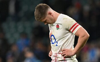 England's centre Owen Farrell reacts at the end of the Six Nations international rugby union match between England and Scotland at Twickenham Stadium, west London, on February 4, 2023